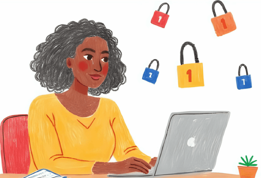 A person is sitting at a computer, focused on their work while security lock symbols float around the screen, emphasizing the importance of password security and the use of a password manager to create strong and unique passwords for multiple accounts.