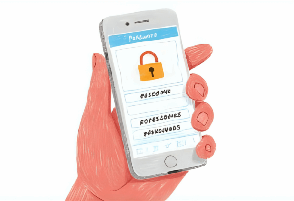 A smartphone screen displays a password manager app interface, featuring icons representing secure vaults for storing unique passwords. This visual emphasizes the importance of password security and the use of trusted password managers to maintain strong passwords across multiple accounts.