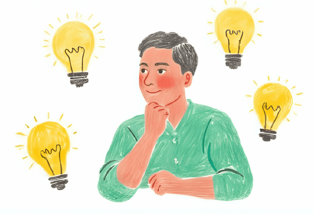A person is sitting thoughtfully with lightbulb symbols around them, representing creative ideas for strong passwords. The image conveys the importance of password security and the need to create unique passwords to protect sensitive information across multiple accounts.