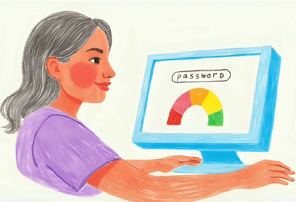 A computer screen displays a security dashboard featuring account monitoring and alerts, emphasizing the importance of maintaining strong passwords and utilizing a trusted password manager to protect sensitive information across multiple accounts.