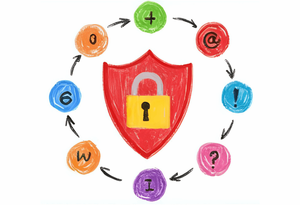 The image features a security shield surrounded by various symbols, including uppercase and lowercase letters, numbers, and special characters, representing the complexity requirements of strong passwords. This visual emphasizes the importance of protecting accounts against hackers by using secure login techniques and a password manager.