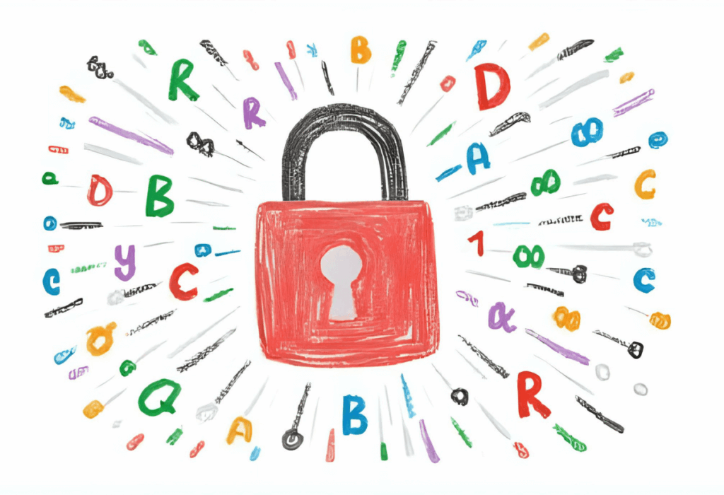 A digital lock is depicted in the center of the image, surrounded by various password characters, including uppercase letters, lowercase letters, numbers, and special characters. This visual emphasizes the importance of creating secure passwords to protect accounts from hackers, illustrating complexity requirements and the use of password managers.