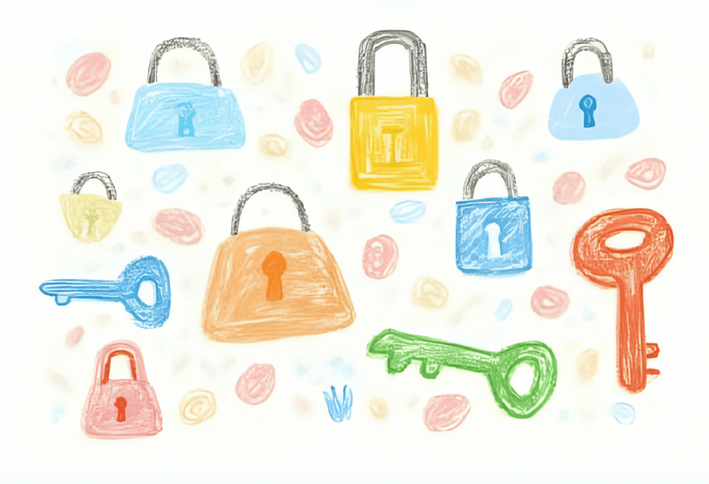 An abstract illustration of an encryption process featuring various locks and keys, symbolizing digital security elements that protect sensitive data. The image conveys the importance of security keys and salts in safeguarding a WordPress site against breaches and unauthorized access.