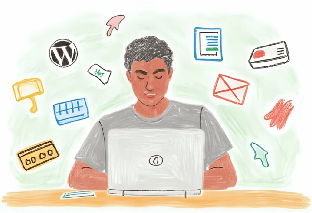 A person is seated at a desk, intently working on a laptop surrounded by various troubleshooting icons and technical support elements, symbolizing the process of managing a WordPress site’s security keys and salts. The scene conveys a sense of focus on ensuring the website's security and handling sensitive data effectively.