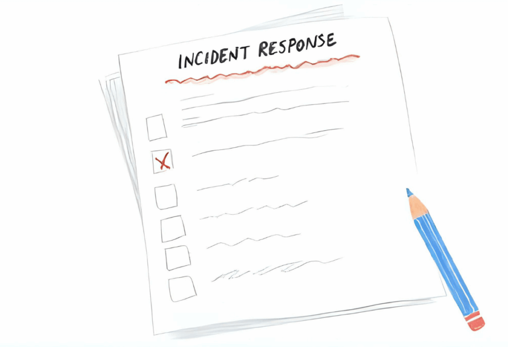The image depicts an incident response checklist featuring various security steps and checkboxes, emphasizing crucial actions for protecting customer data and securing a WooCommerce website against security threats such as brute force attacks and malware. Key elements include security measures like SSL certificates and security plugins to ensure the online store remains secure and compliant with data protection regulations.