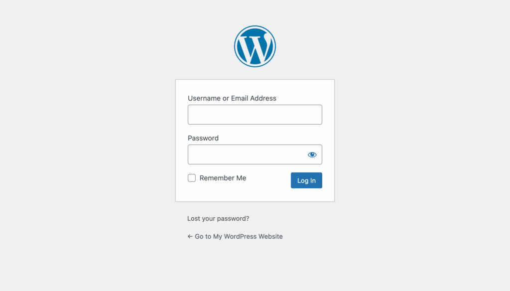 The image depicts the WordPress login screen featuring options for resetting your password, including a "lost your password" link and fields for entering your username or email address. Users can access the account management section to initiate the password reset process for their WordPress admin account.