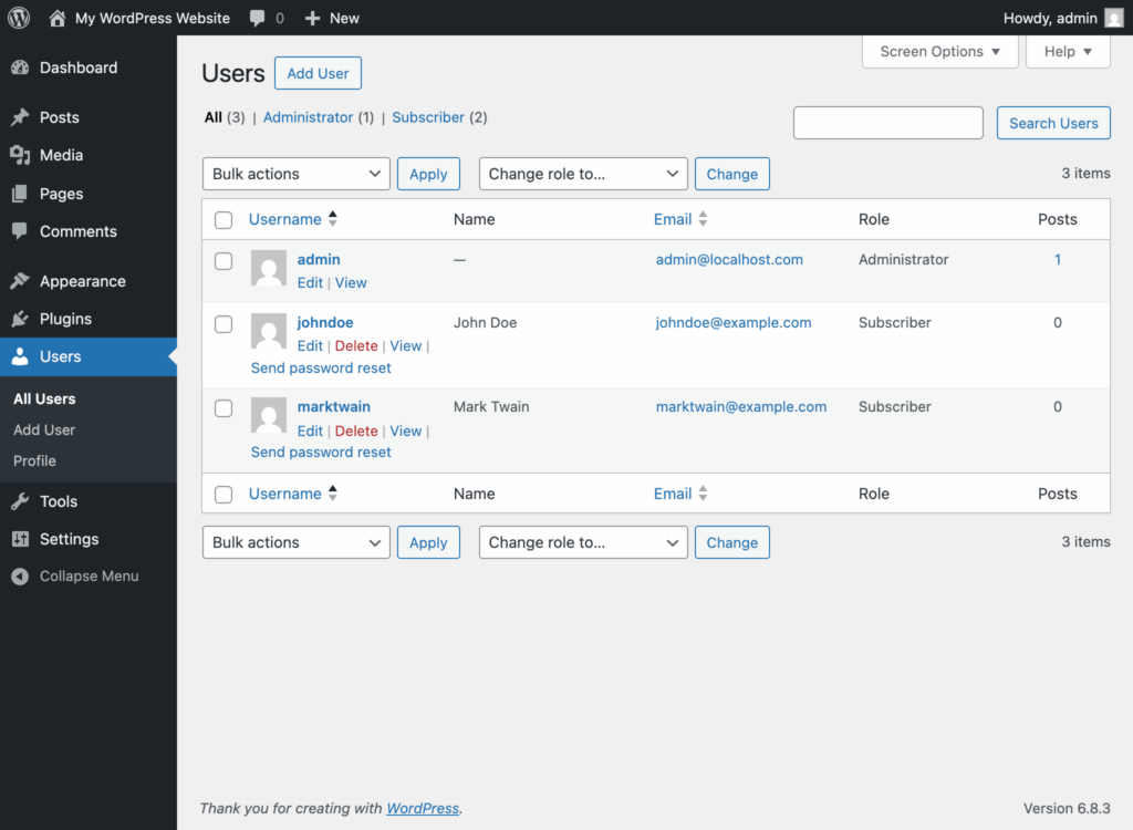 The image displays the WordPress dashboard, specifically the user management interface where administrators can manage user accounts. It features sections for resetting password and editing user details.
