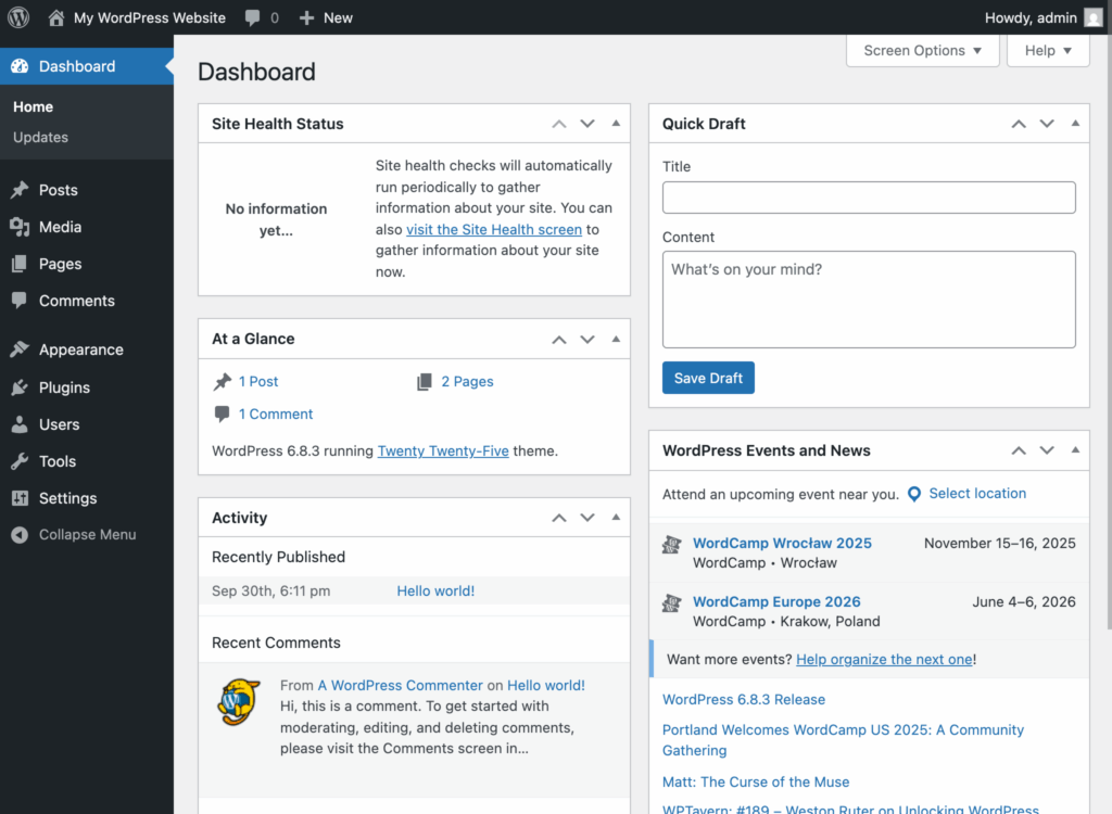 The image shows the WordPress admin dashboard after a successful login, displaying various sections such as posts, pages, and settings, allowing users to manage their WordPress site effectively. The interface is user-friendly, featuring a navigation menu on the left and a central area for content management.