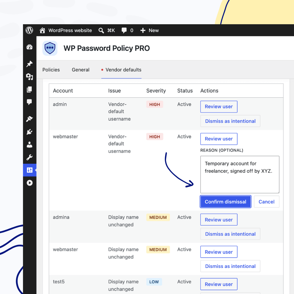 Dismissing a flagged account as intentional with a reason, leaving the account unchanged