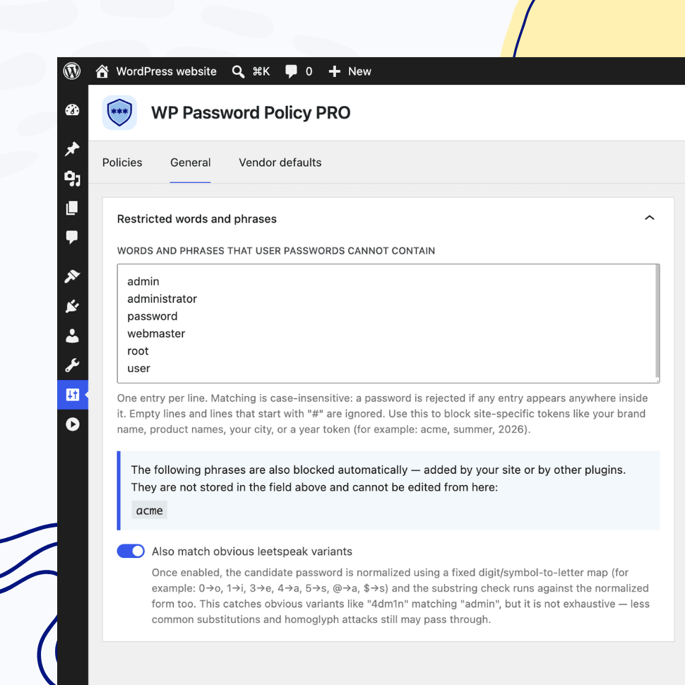 Restricted words and phrases settings list with custom blocked terms and the auto added site domain shown read-only