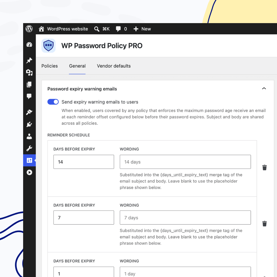 Password expiry reminder cadence editor with rows for configurable days before expiry and editable wording